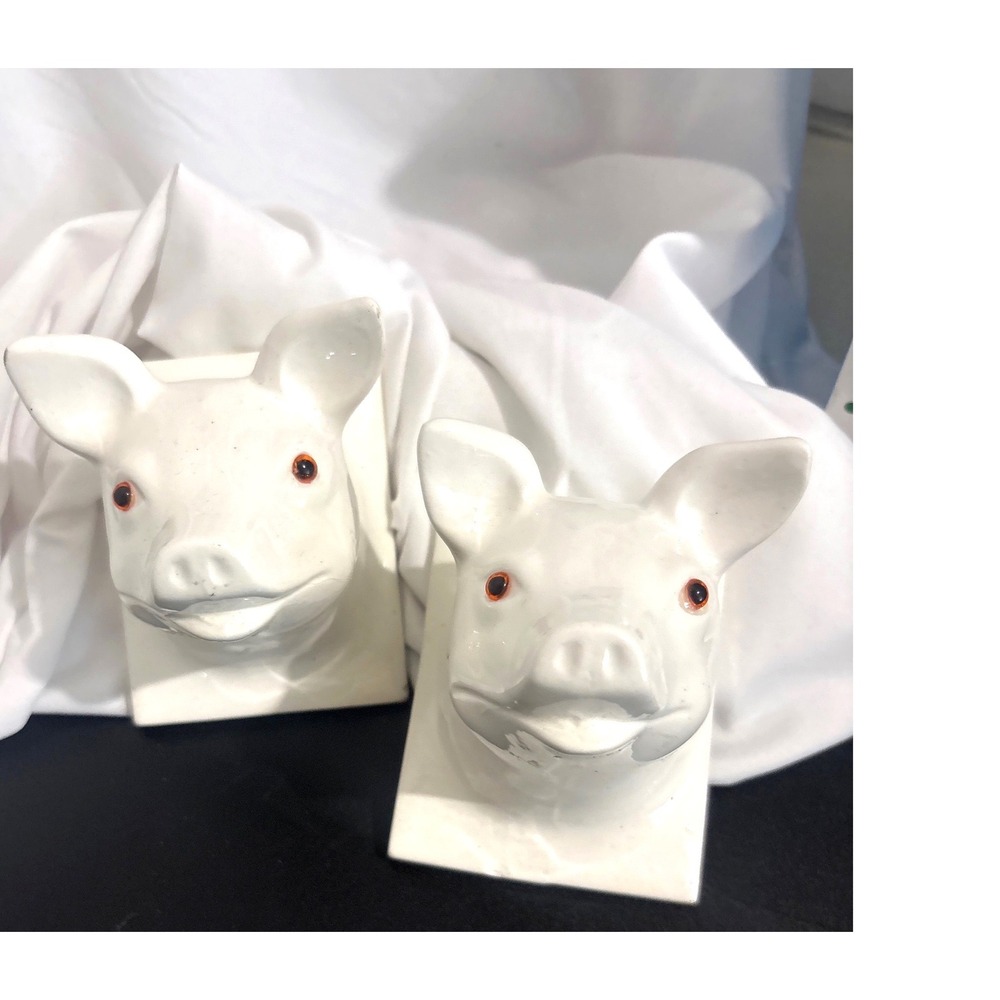 Vintage White Ceramic Pig Head Wall Plaques Set of 2 Japan Glossy Orange Eyes - Picture 2 of 6